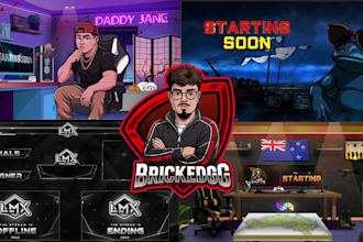 design animated stream overlay, logo, panel package, webcam for twitch kick obs
