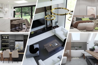 do 3d interior design of kitchen, bathroom, and living room