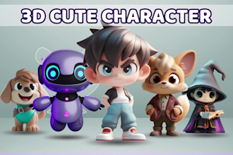 create 3d design cute character, modeling, printing blender in cartoon style