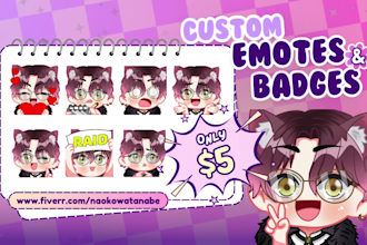 create chibi twitch emotes, animated emotes, sub badges, vtuber, stream, discord