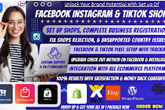 set up facebook shop, instagram shop, tiktok shop, marketing