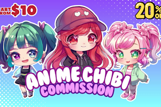 draw cute chibi anime art from your original character, fanart, vtuber or pet