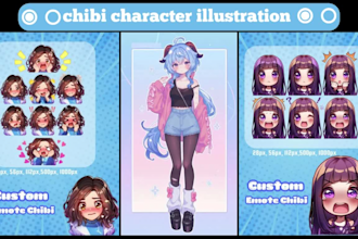 draw cute anime chibi art, twitch emotes, vtuber models, custom characters