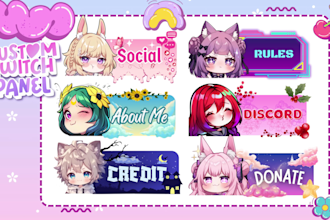 design twitch chibi, banner, panel and overlay for stream