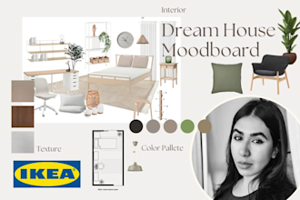 custom mood board, 2d floor plan and ikea, amazon shopping list