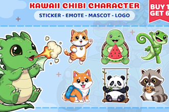 draw custom cute cartoon animal, chibi character illustration and sticker