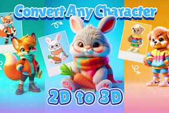 convert 2d to 3d character, logo, mascot, animal, game asset, product, 3d model