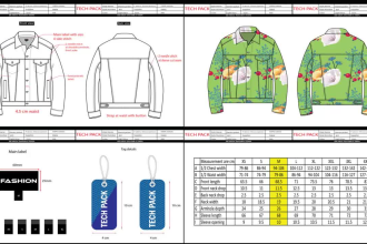 create fashion tech pack, flat sketch, fashion illustration with sewing details