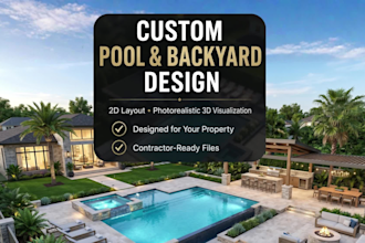 design backyard pool, outdoor kitchen, entertainment area