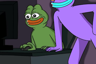 2d memecoin animation, meme illustration, ponke character, funny meme, pepe frog