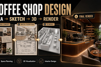 design cafe, coffee shop interior,create realistic 3d