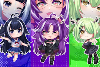 draw anime chibi art character design illustration, chibi emotes and vtuber