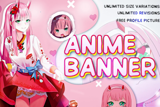 design a beautiful anime banner or header, discord,kick,twitch,x,website,youtube
