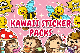 design cute kawaii sticker packs, cartoon character or emoticons