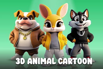 create 3d modeling cute animal, 3d character, mascot, and toys in cartoon style