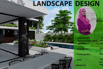 design front and  backyard landscape ,patio ,pool and garden as an architect