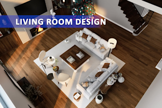 create a 3d interior rendering for the living room design, TV wall, wall decor