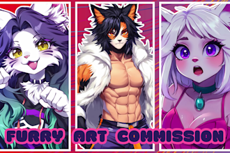 draw furry art, fursona, and original character in colorful anime style