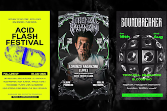 do a 3d animated poster in a techno, hardtechno, rave style