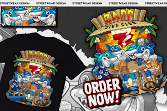 draw custom graphic t shirt design cartoon illustration for clothing brand
