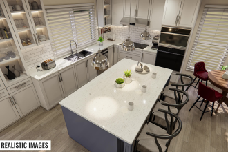 remodel and design kitchen, living room, bathroom interior with 3d render