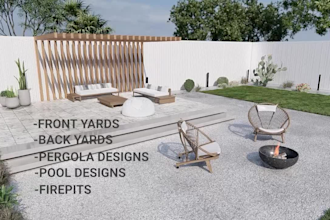 design exterior landscape, garden, backyard, patio terrace, BBQ and pool