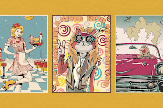 do retro 50s 60s style posters, avatars and animated art for pfp and metaverse