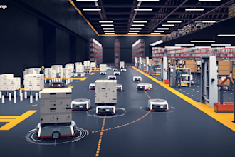 create 3d industrial animation, warehouse robotic, 3d conveyor system animation