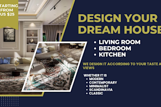 design your living room, bedroom, kitchen in modern style and render