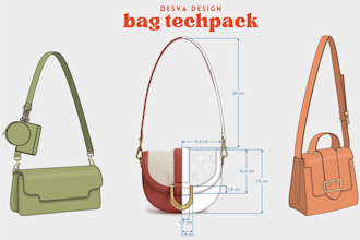 design and create a full tech pack for bags, handbags, purses, and backpacks