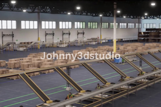 build 3d industrial warehouse environment animation, conveyor system
