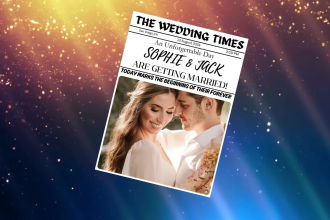 design wedding invitation, bridesmaid, baby announcement etc in newspaper layout