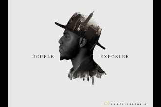 double exposure, portrait, podcast cover, movie poster