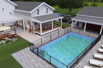 design landscape, backyard, pool, garden, deck, and patio