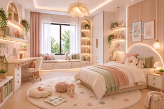 design and render a functional kids room, playroom nursery, teenager room
