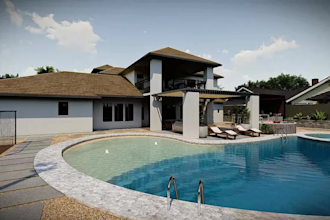 do building exterior, 3d, realistic render, pool render, pickleball court