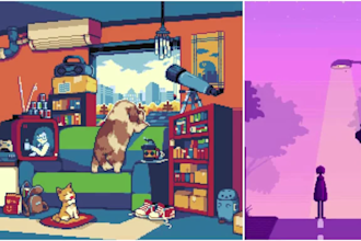 draw pixel art background, game art, landscape and pixel art animation