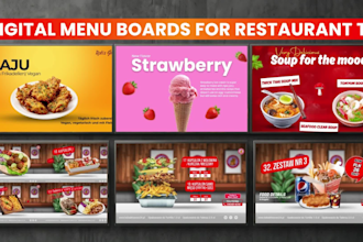 design digital menu board, food ads video, menu and sticker design