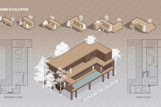 architectural axonometric diagram, concept collage or poster