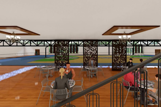 do 3d interior of apartment house, indoor complex, courts, office, shop gym, bar