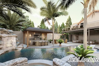 do realistic landscape, backyard, garden, pool, patio design