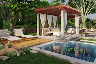 render 3d pool patio pergola gazebo cabana outdoor living, BBQ bar kitchen,souna