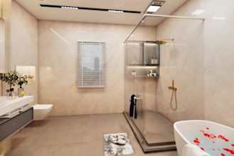 create luxurious modern minimalist bathroom with realistic 3d render