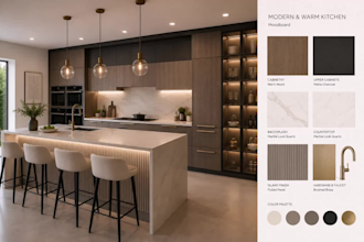 create an interior design concept, mood board, material board, and shopping list