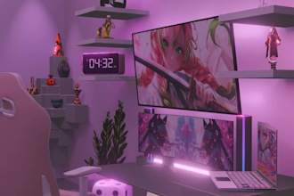 design 3d isometric gaming and streaming room intro for twitch and youtube