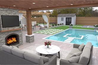 do backyard landscape design, patio, pool with landscape rendering