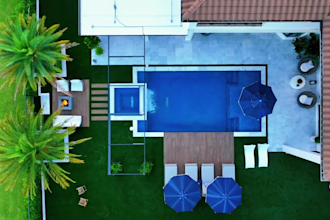 3d render backyard outdoor landscape design, garden pool rendering, patio design
