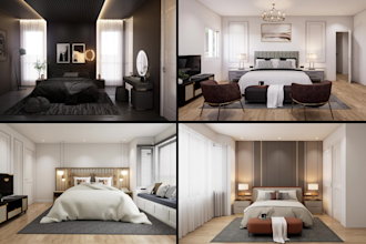 do modern bedroom interior design and realistic 3d rendering