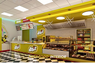 design modern restaurant, cafe, coffee shop, kiosk or food interior in 3d