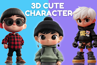 design 3d cute character modeling chibi mascot cartoon fur model in pixar style